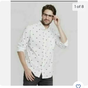 Goodfellow Poplin Button Down Long Sleeve Shirt White Dog Print XL